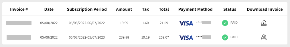 Billing History page screen capture