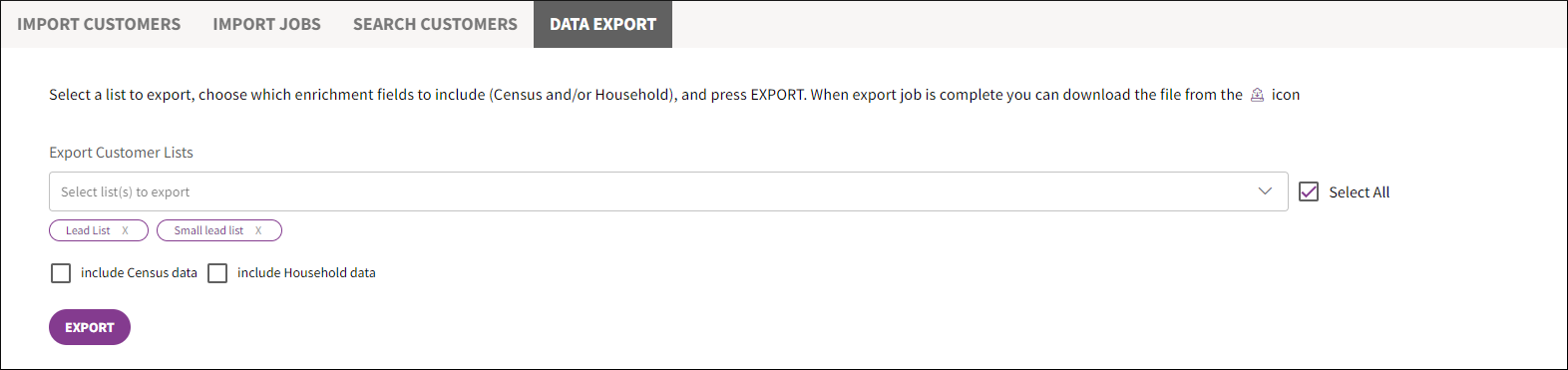 Select the customer data to export