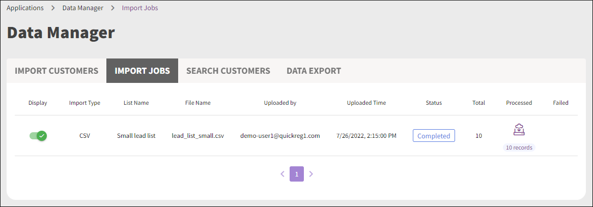 Screen capture of the Import Jobs tab