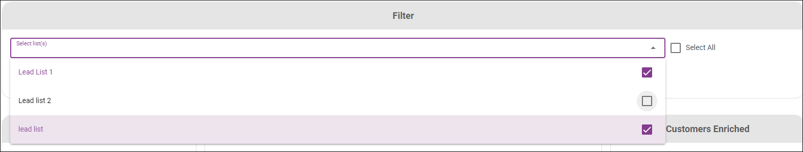 Screen capture of the QuickInsight Premium filters with a subset of customer lists selected