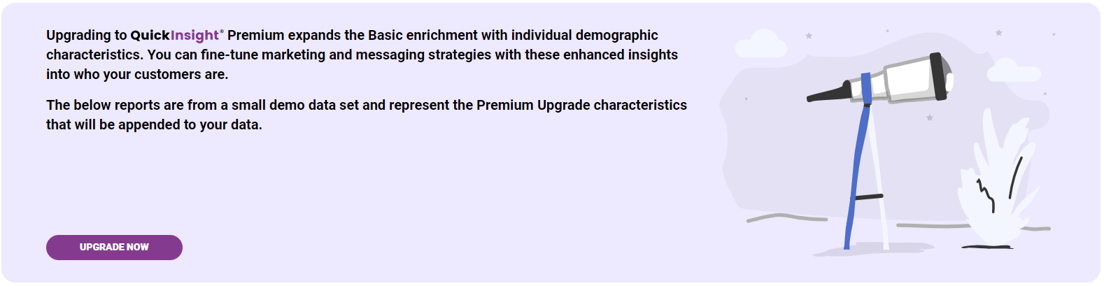 The upgrade banner on the QuickInsight Premium Demo page